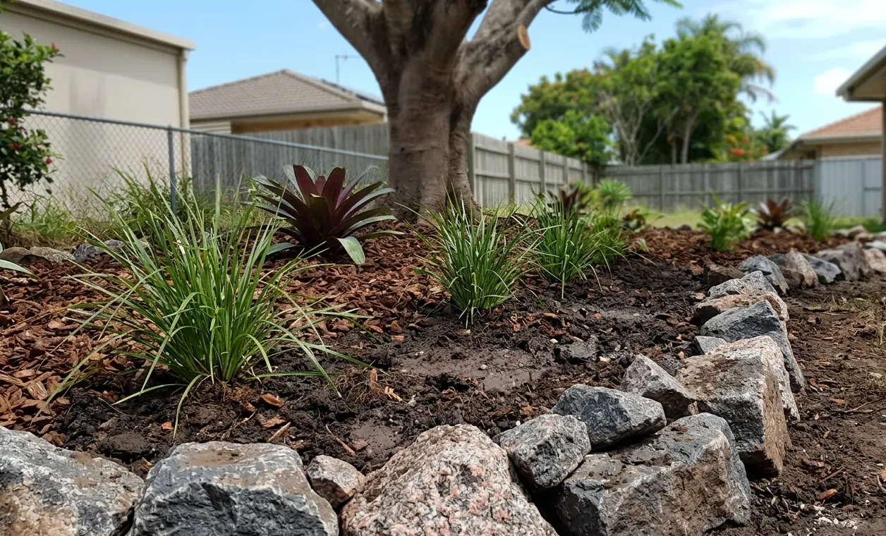 Stone retaining wall garden with bromeliads and lawn, Molendinar