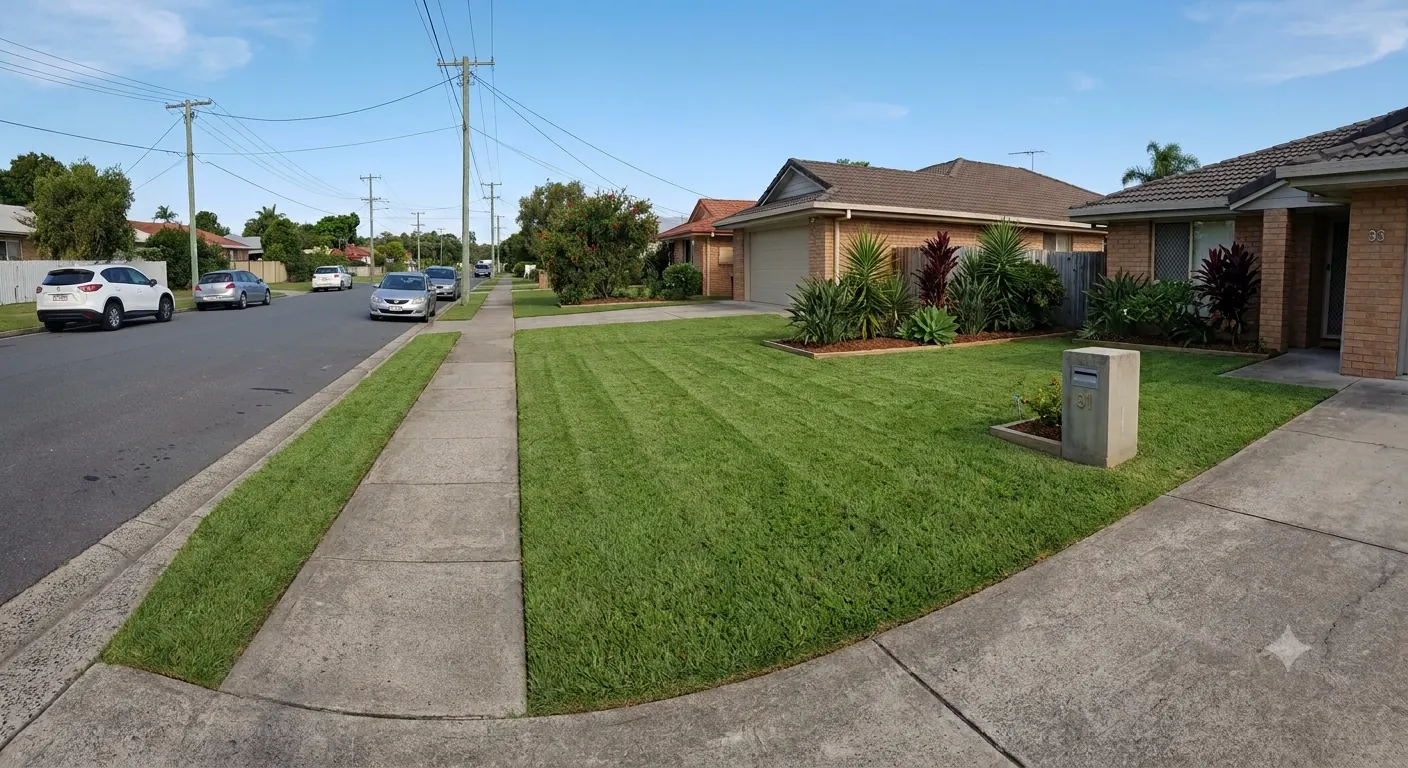 Neat backyard lawn with colorbond fence, Molendinar